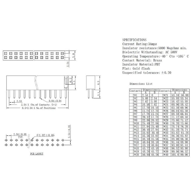 Bestol 2.54mm Double Row Female Long Pin 11mm Breakaway PCB Board Pin Header Socket Connector 2x3 2x4 2x6 2x8 2x10 2x18 2x20 Pins etc,20pcs (2x10P) - Image 5